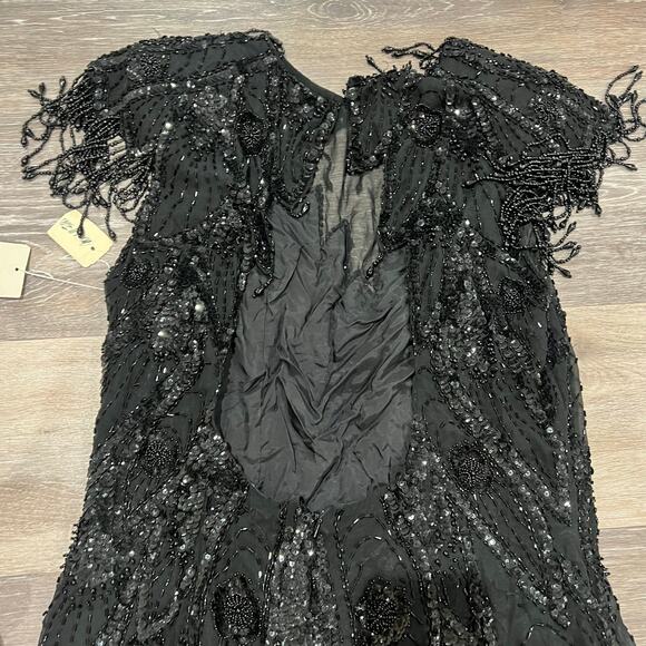 A.J. Bari 90's Black Beaded Vintage Open Back Flapper Dress size 14 - Picture 11 of 16